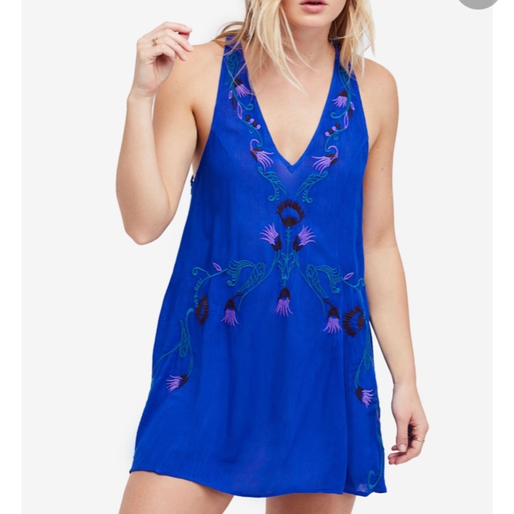 Free People Royal Blue Embroidered Mini Dress